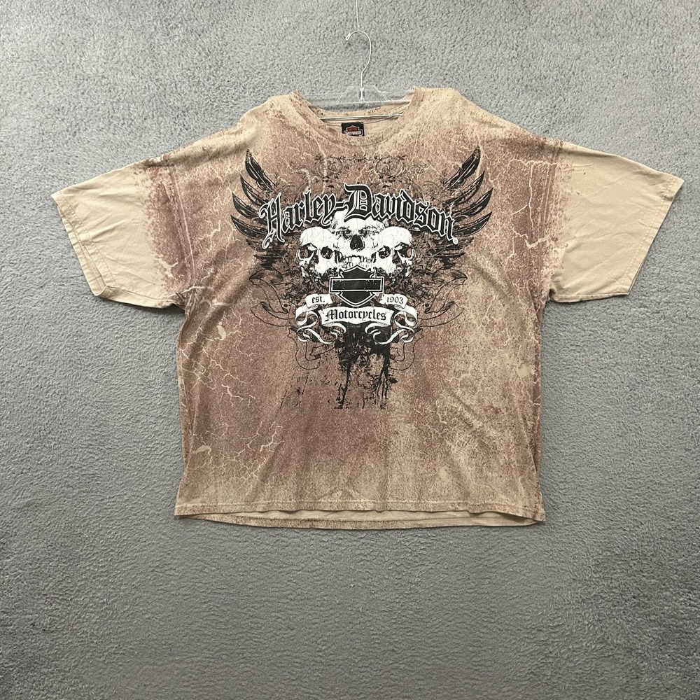 Harley Davidson Shirt Men 3XL XXXL Beige Skulls Wings Biker Cotton Acid Wash Y2K